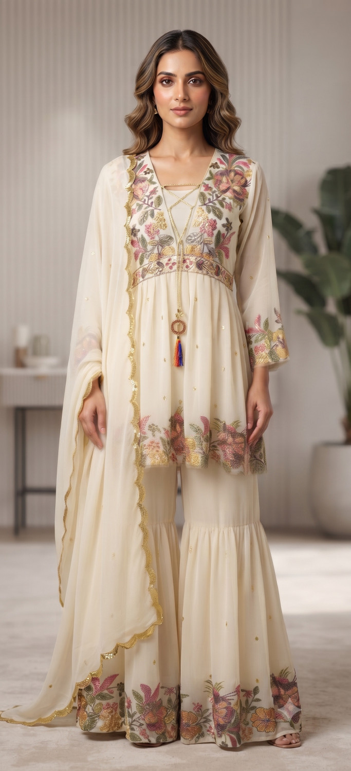 Image of KRISHNAHFAB Embroidered, Embellished Kurta, Trouser /Pant & Dupatta Set