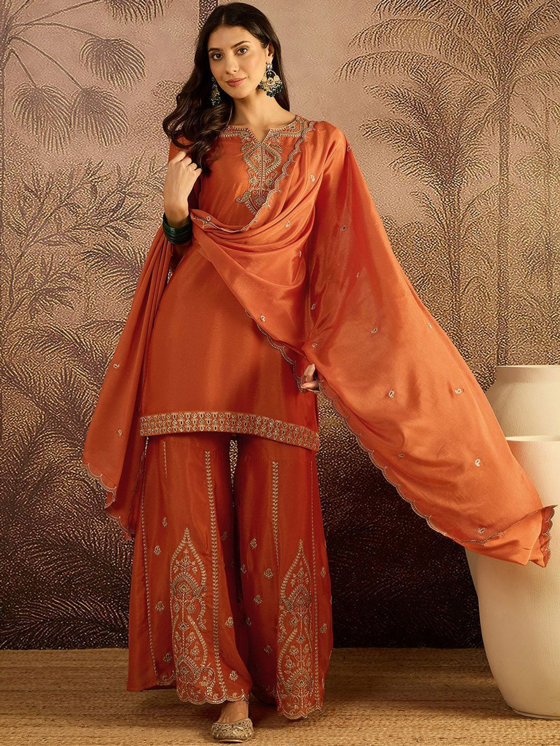 Image of Sangria Teal Silk Blend Zari Sequence Thread Kurta With Palazzo And Dupatta Embroidered, Embellished Kurta, Palazzo & Dupatta Set