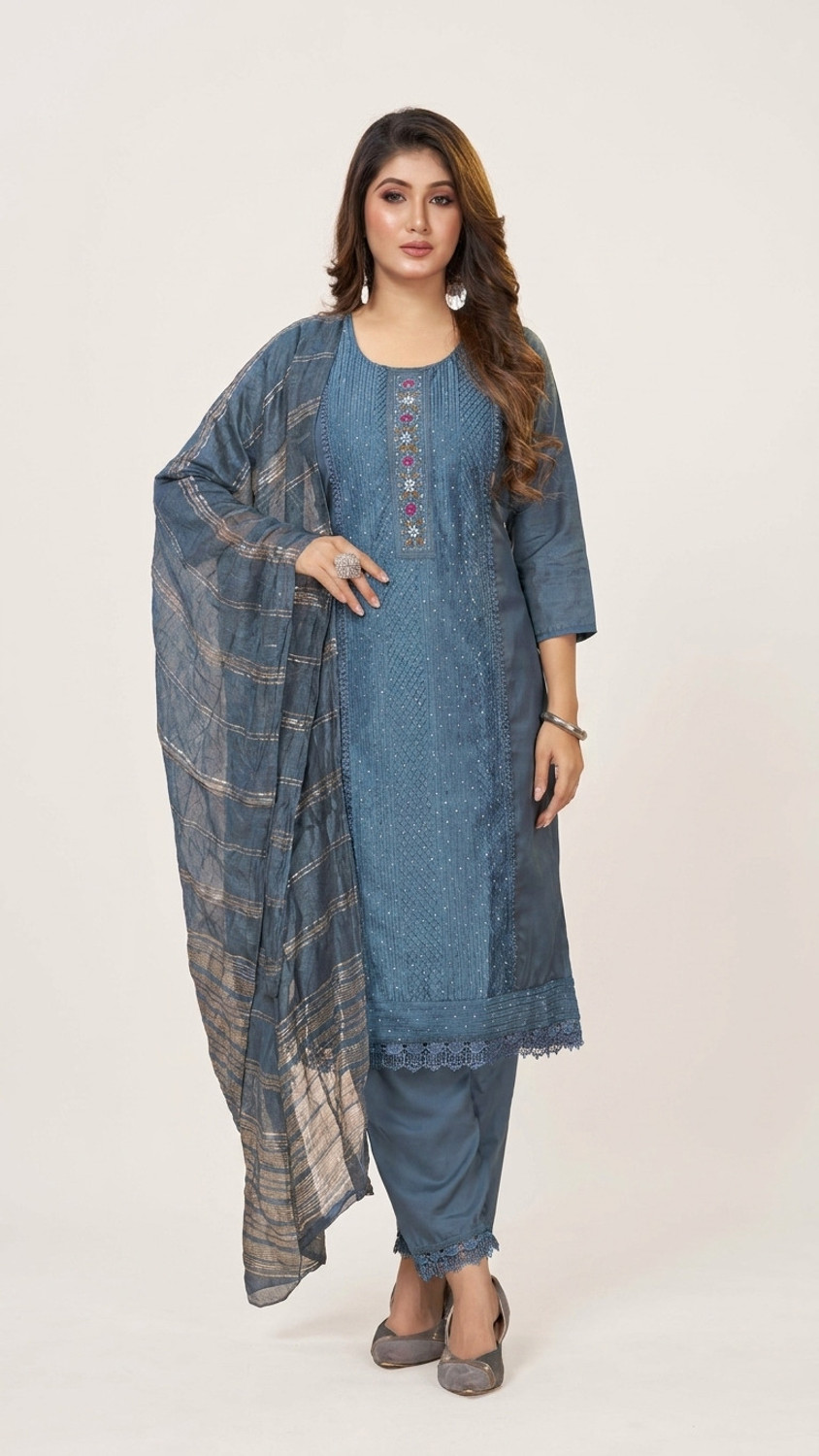 Image of OSHTI Embroidered Kurta, Palazzo & Dupatta Set
