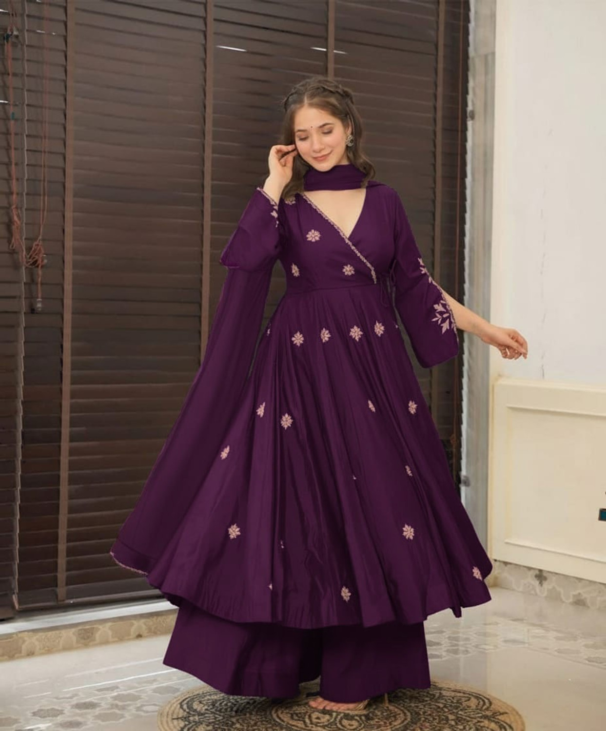 Image of Vaidehi Fashion Purple Embroidered Georgette Anarkali Kurta Set with Dupatta Embroidered Anarkali Kurta, Bottom & Dupatta Set