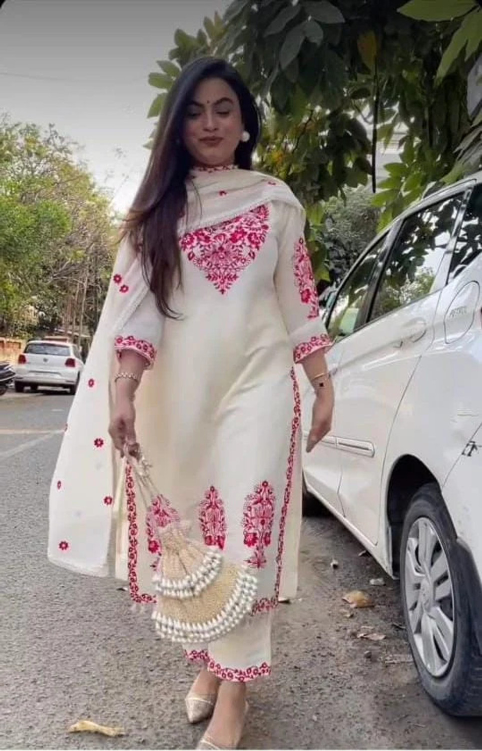 Image of CHECHI Embroidered Kurta, Palazzo & Dupatta Set