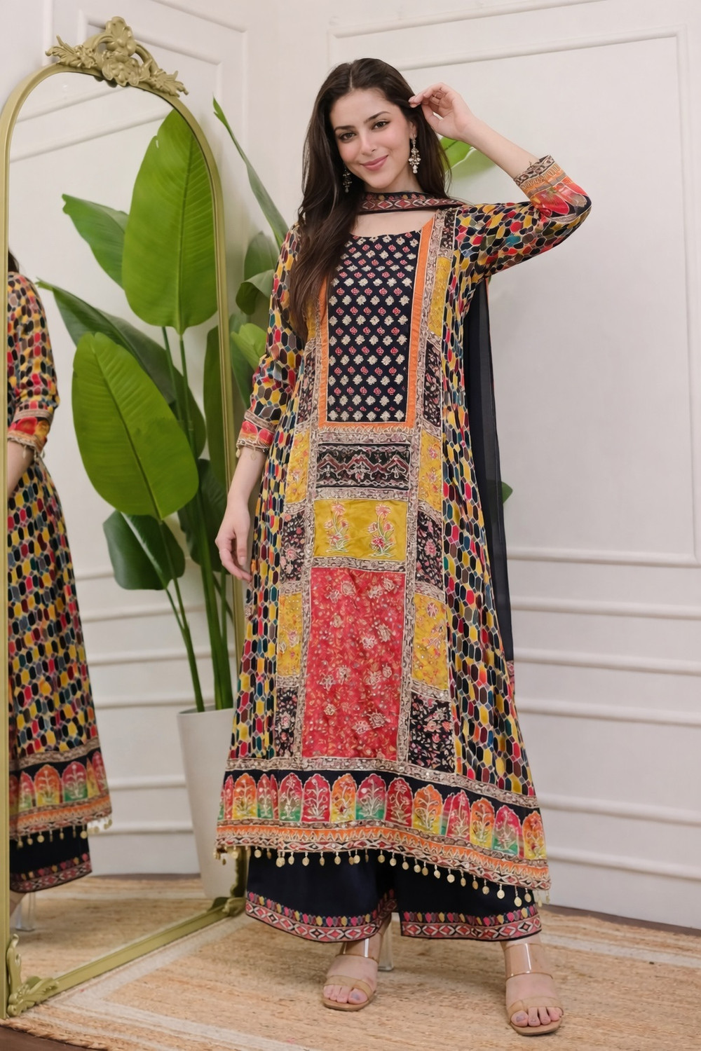 Image of GOKUL NX Printed Kurta, Trouser /Pant & Dupatta Set