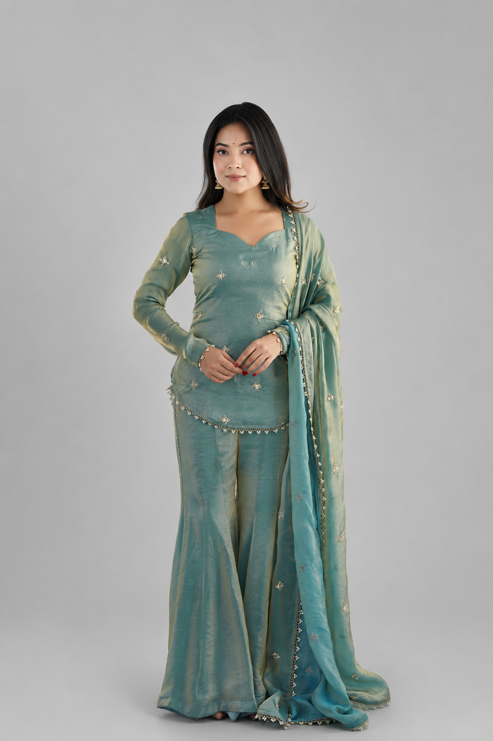 Image of KRISHNAHFAB Embroidered, Embellished Kurta, Trouser /Pant & Dupatta Set