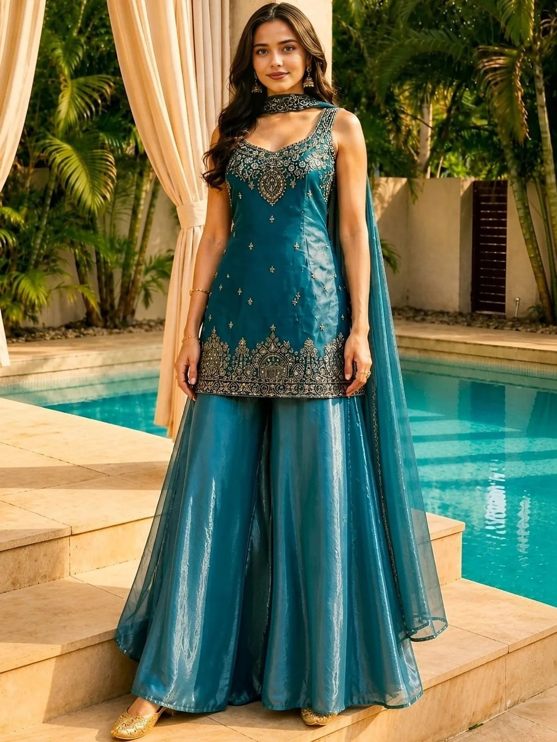 Aneri Embroidered Kurta, Sharara & Dupatta Set - Image 5