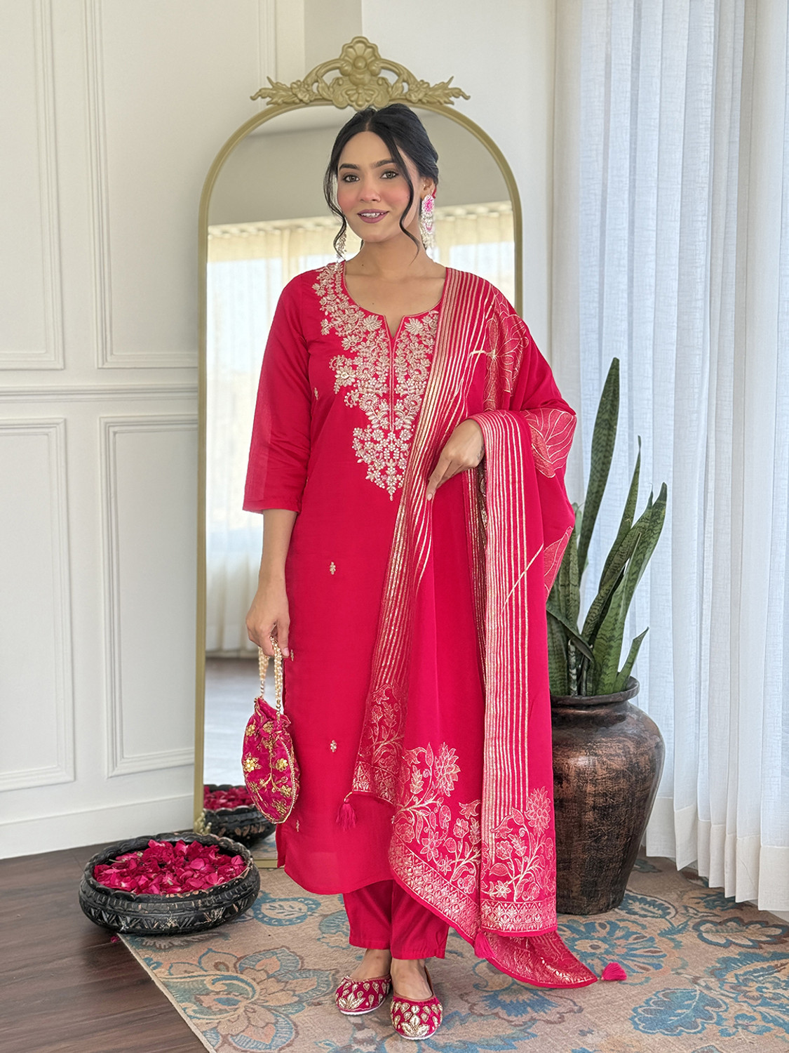 Image of SZN Embroidered Kurta, Trouser /Pant & Dupatta Set