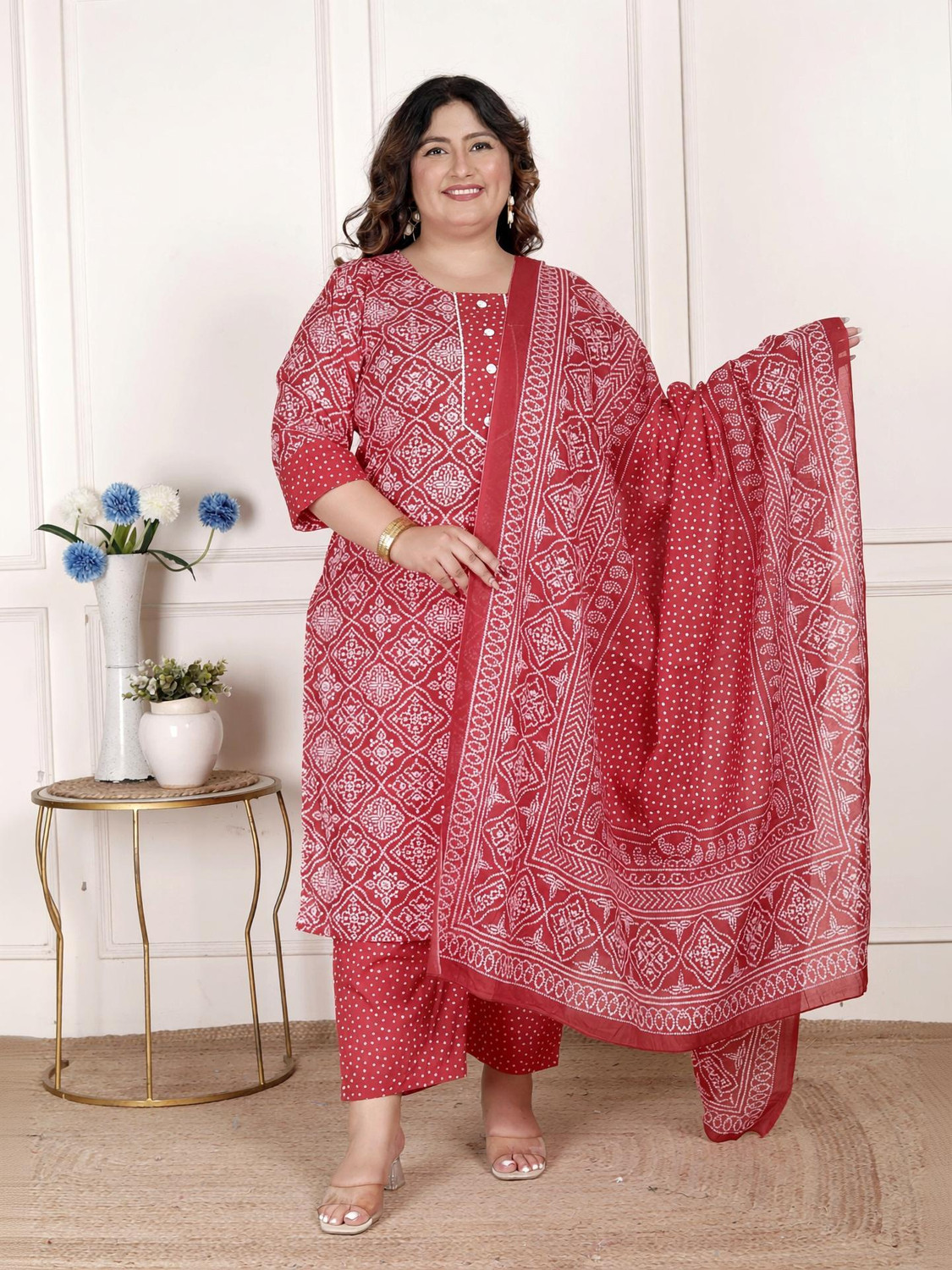 Image of KALPHEM Women Pure Cotton Floral Print Kurta, Palazzo & Dupatta Set