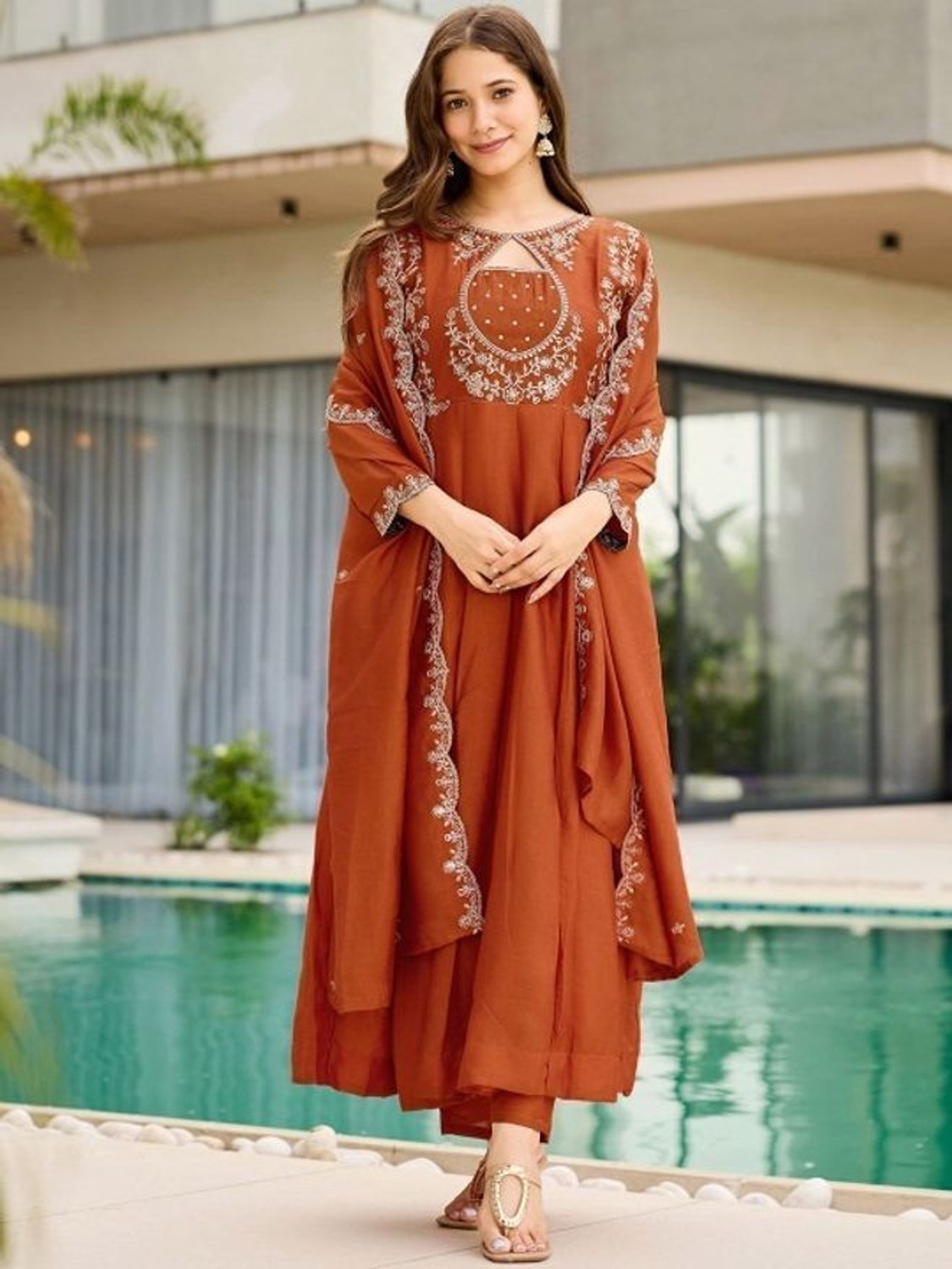 Image of ARVILAS Embroidered Kurta, Trouser /Pant & Dupatta Set