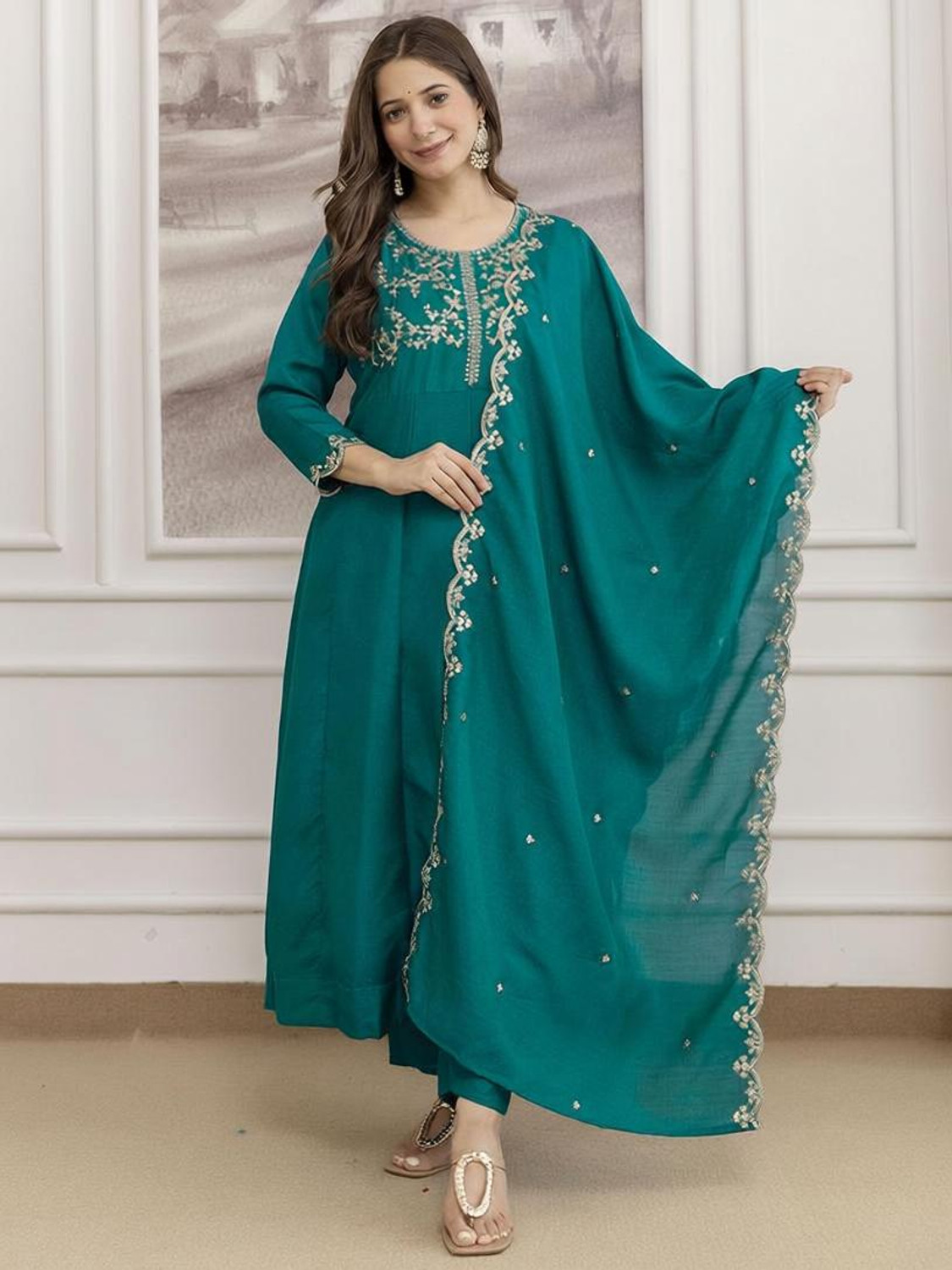 Image of ARVILAS Embroidered Kurta, Trouser /Pant & Dupatta Set