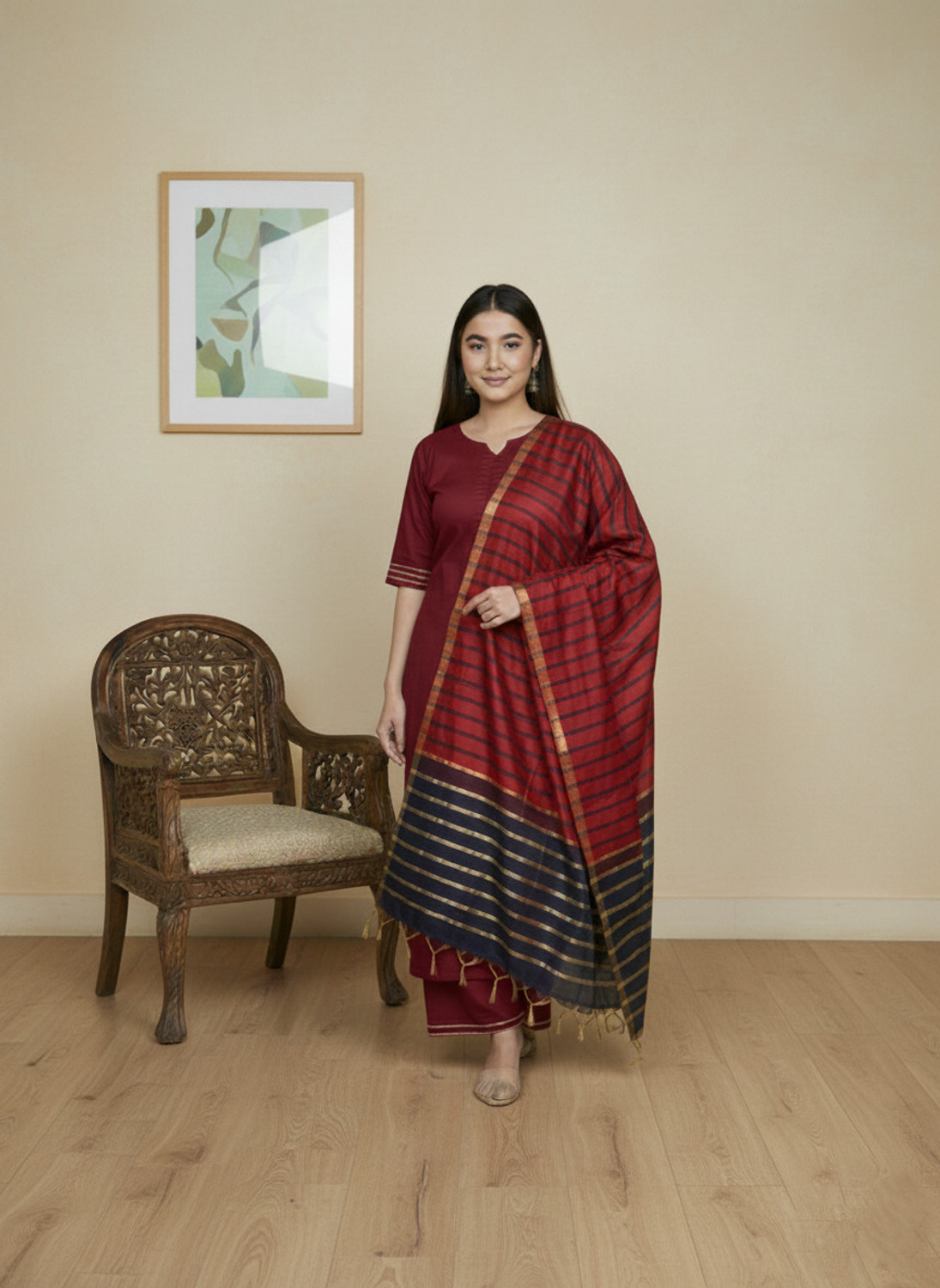 Image of CHECHI Embroidered Kurta, Palazzo & Dupatta Set