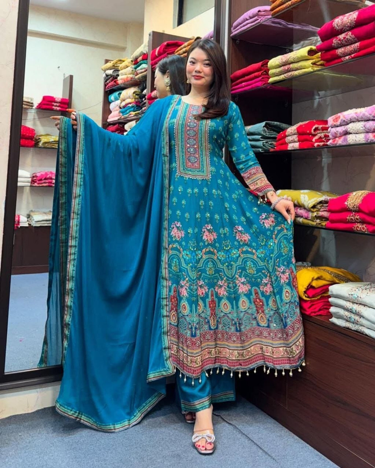 Image of HAMOFY A-71-422-BLUE Embroidered, Woven, Floral Print Kurta, Trouser /Pant & Dupatta Set