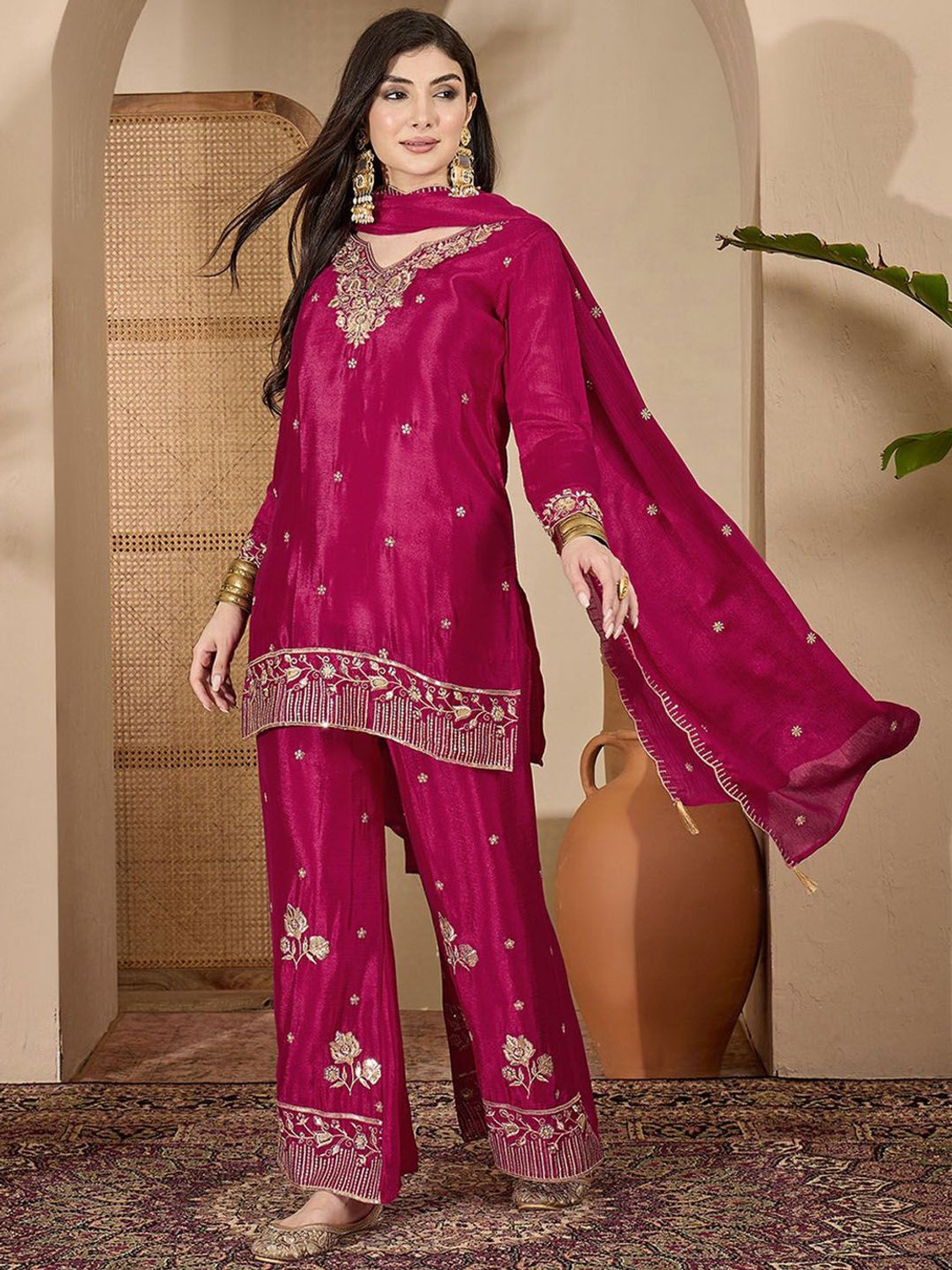 Image of Sangria Teal Silk Blend Zari Sequence Thread Kurta With Palazzo And Dupatta Embroidered, Embellished Kurta, Palazzo & Dupatta Set