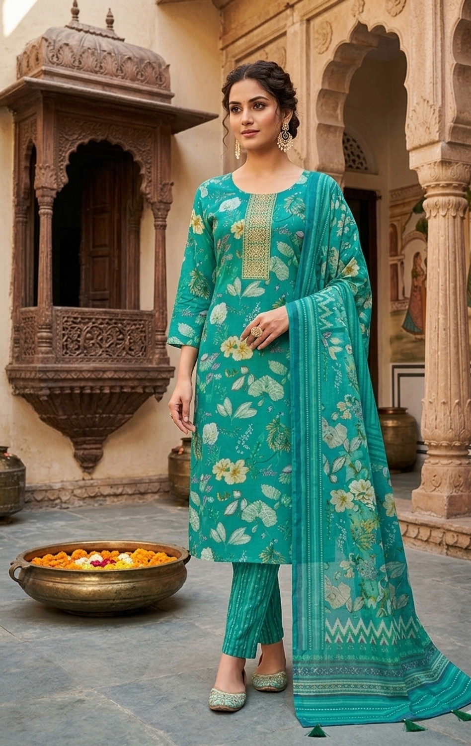 Image of GOKUL NX Printed Kurta, Trouser /Pant & Dupatta Set