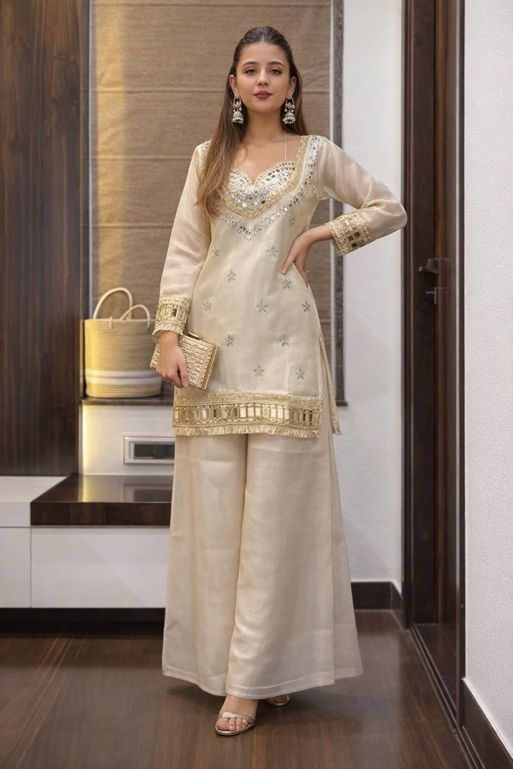 Image of OSHTI Embroidered Kurta, Palazzo & Dupatta Set