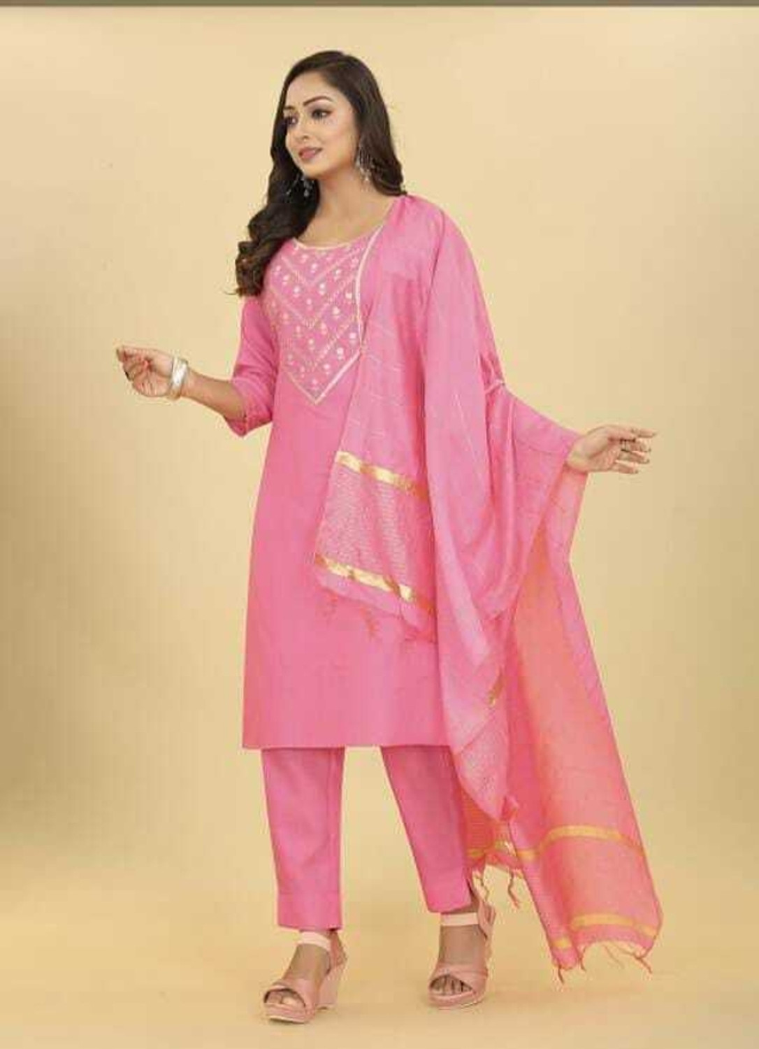 Image of Mariyam enterprises Pink-SuitSet Embroidered Kurta, Trouser /Pant & Dupatta Set