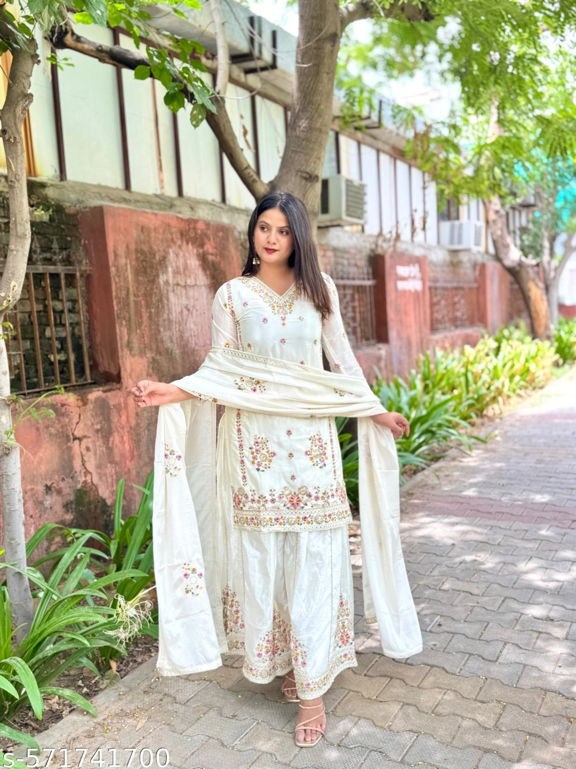 Image of CHECHI Embroidered Kurta, Palazzo & Dupatta Set