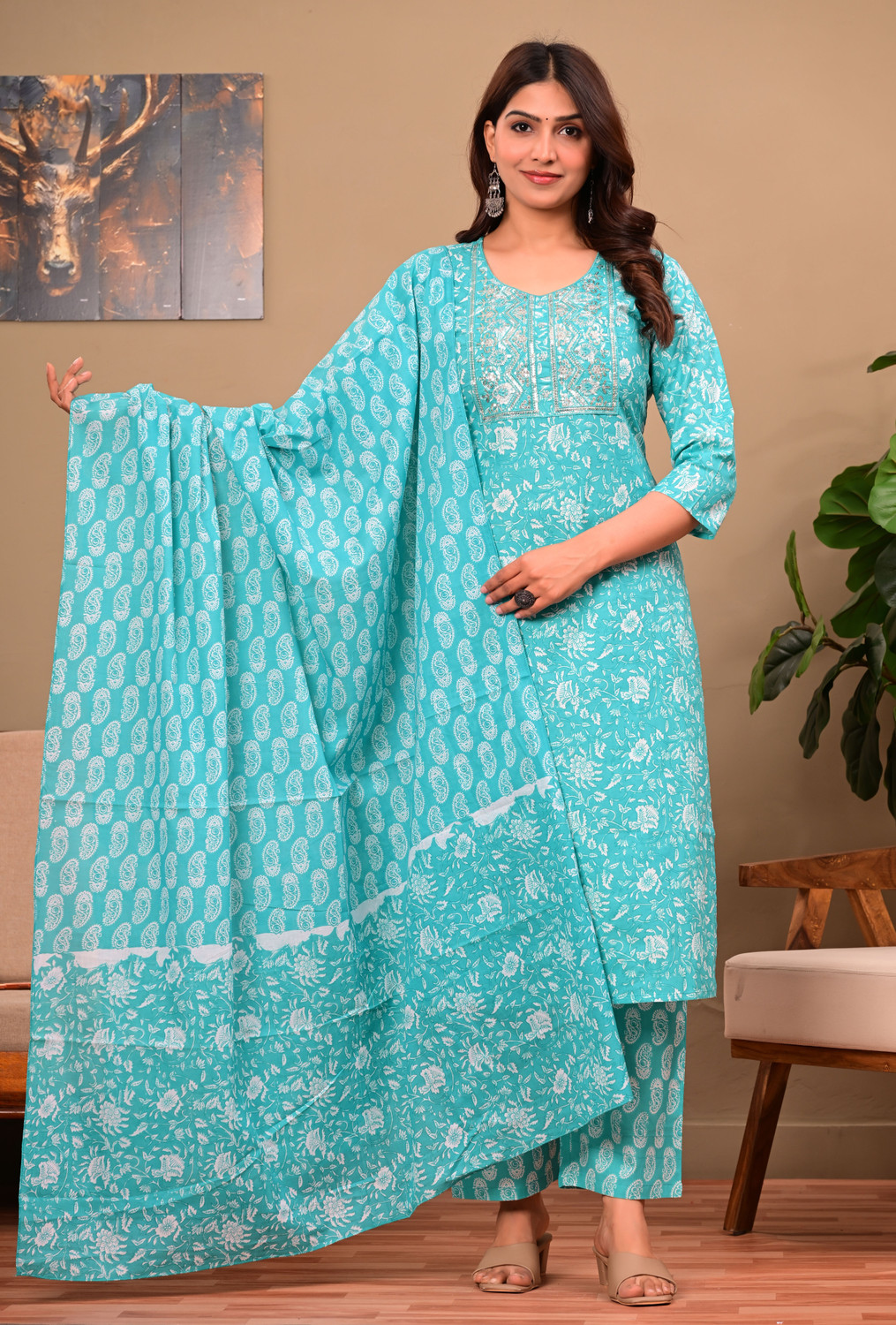 Image of Azreen Printed Kurta, Palazzo & Dupatta Set
