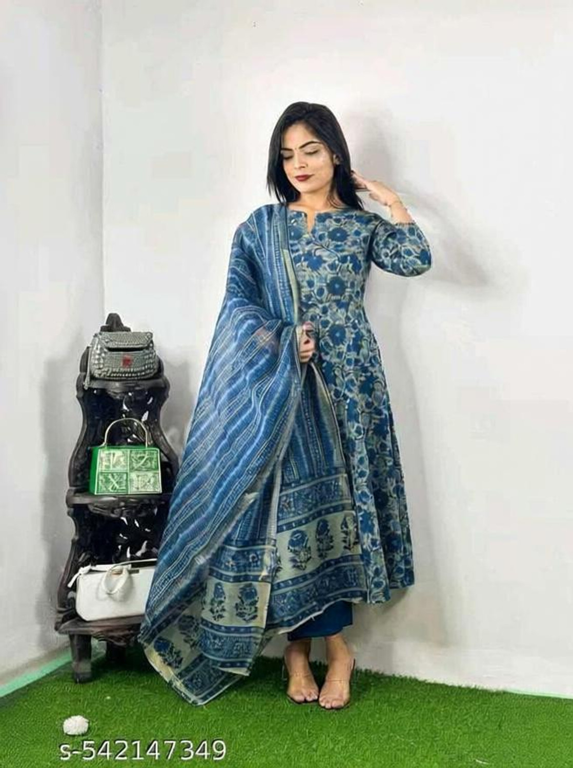 Image of AZYERA Printed Anarkali Kurta, Bottom & Dupatta Set