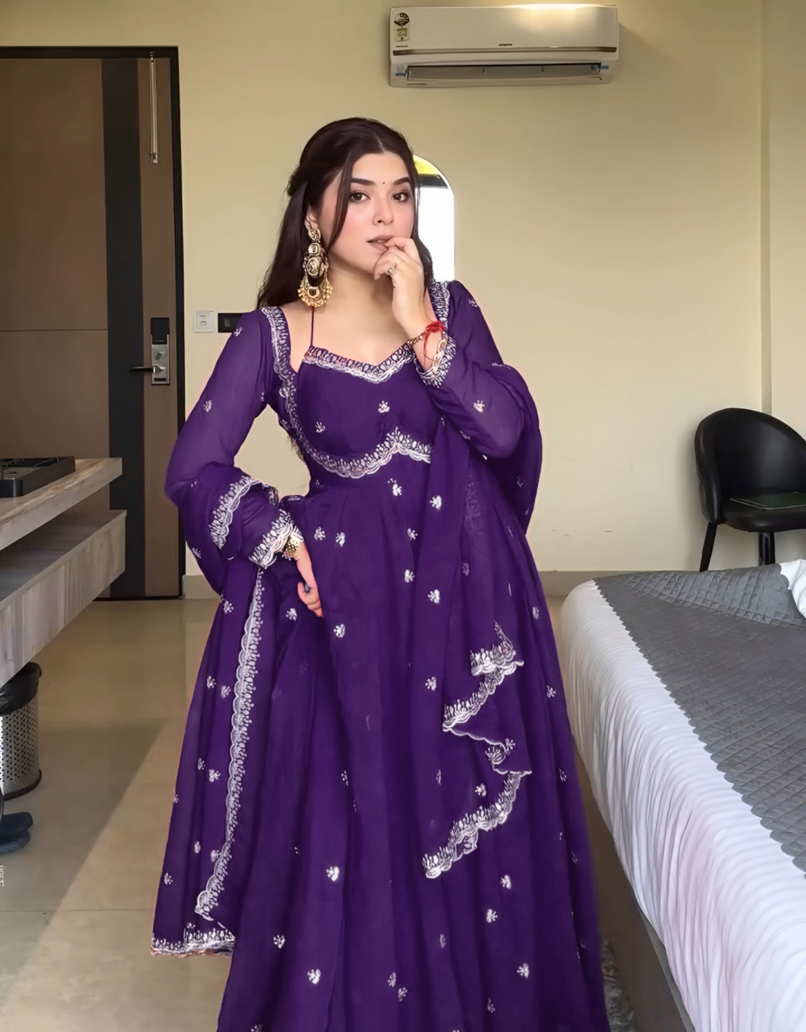 Image of Vaidehi Fashion Purple Embroidered Georgette Anarkali Kurta Set with Dupatta Embroidered Anarkali Kurta, Bottom & Dupatta Set