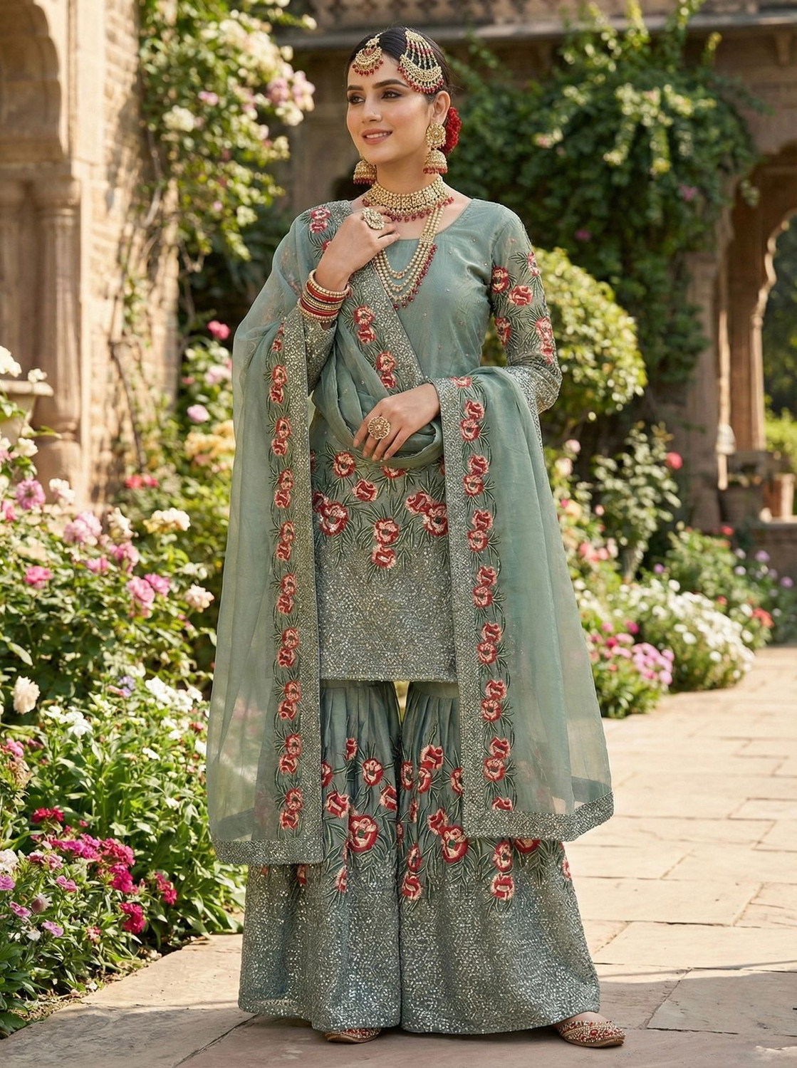 Image of CHECHI Embroidered Kurta, Palazzo & Dupatta Set