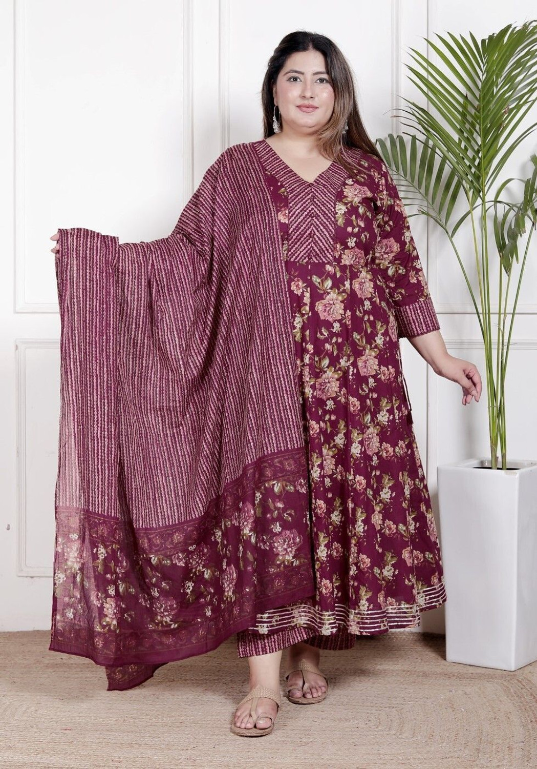 Image of KALPHEM Women Pure Cotton Floral Print Kurta, Palazzo & Dupatta Set