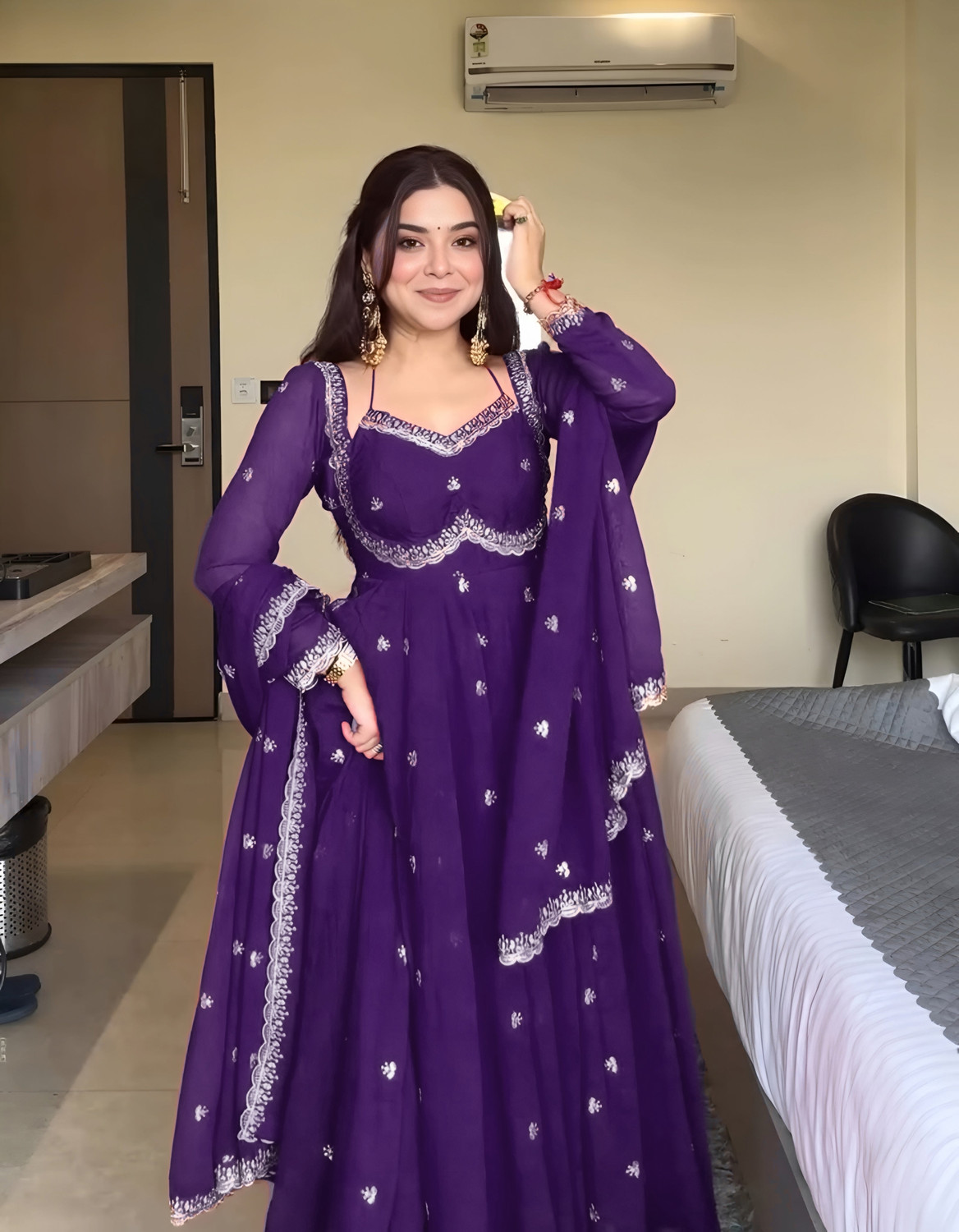 Image of Vaidehi Fashion Purple Embroidered Georgette Anarkali Kurta Set with Dupatta Embroidered Anarkali Kurta, Bottom & Dupatta Set