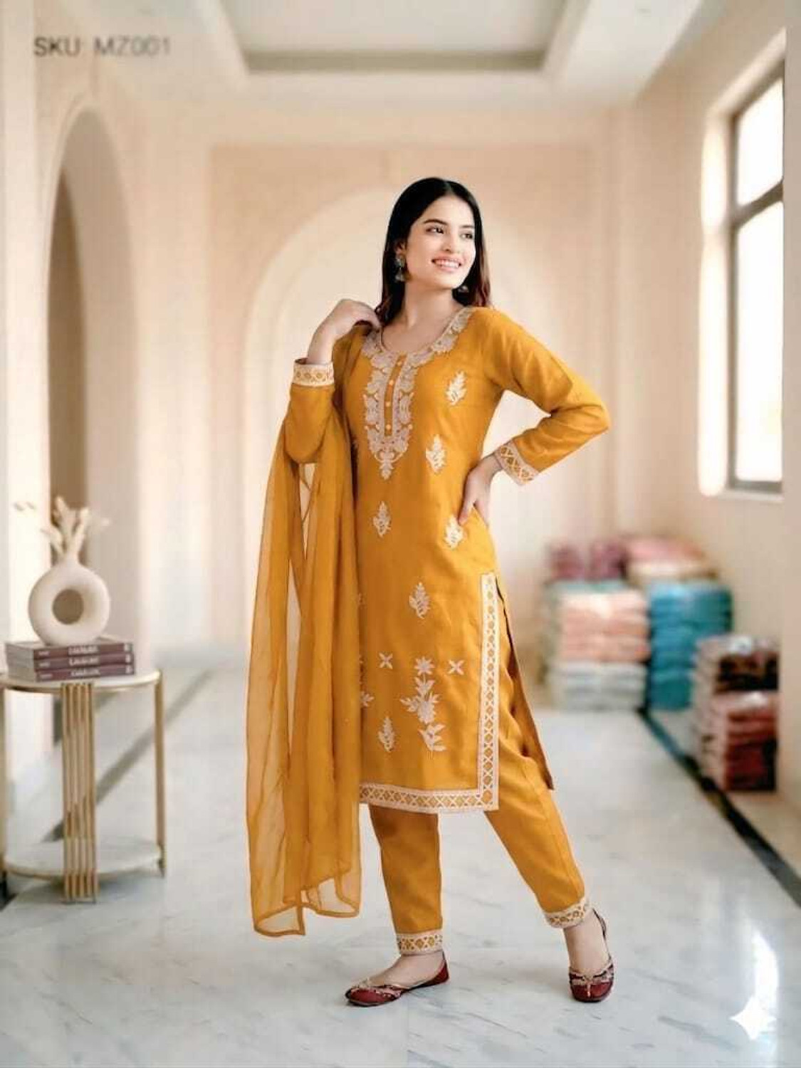 Image of FARHATFASHION Rayon Slub kurti pant Embroidered Kurta, Trouser /Pant & Dupatta Set