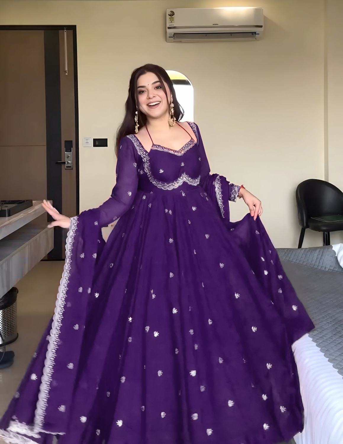 Image of Vaidehi Fashion Purple Embroidered Georgette Anarkali Kurta Set with Dupatta Embroidered Anarkali Kurta, Bottom & Dupatta Set