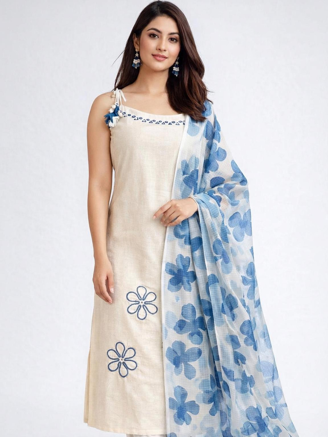 richasia Womenâs Cream & Blue Floral Embroidered Straight Kurta with Dupatta Set Embroidered Kurta, Trouser/Pant & Dupatta Set - Image 1