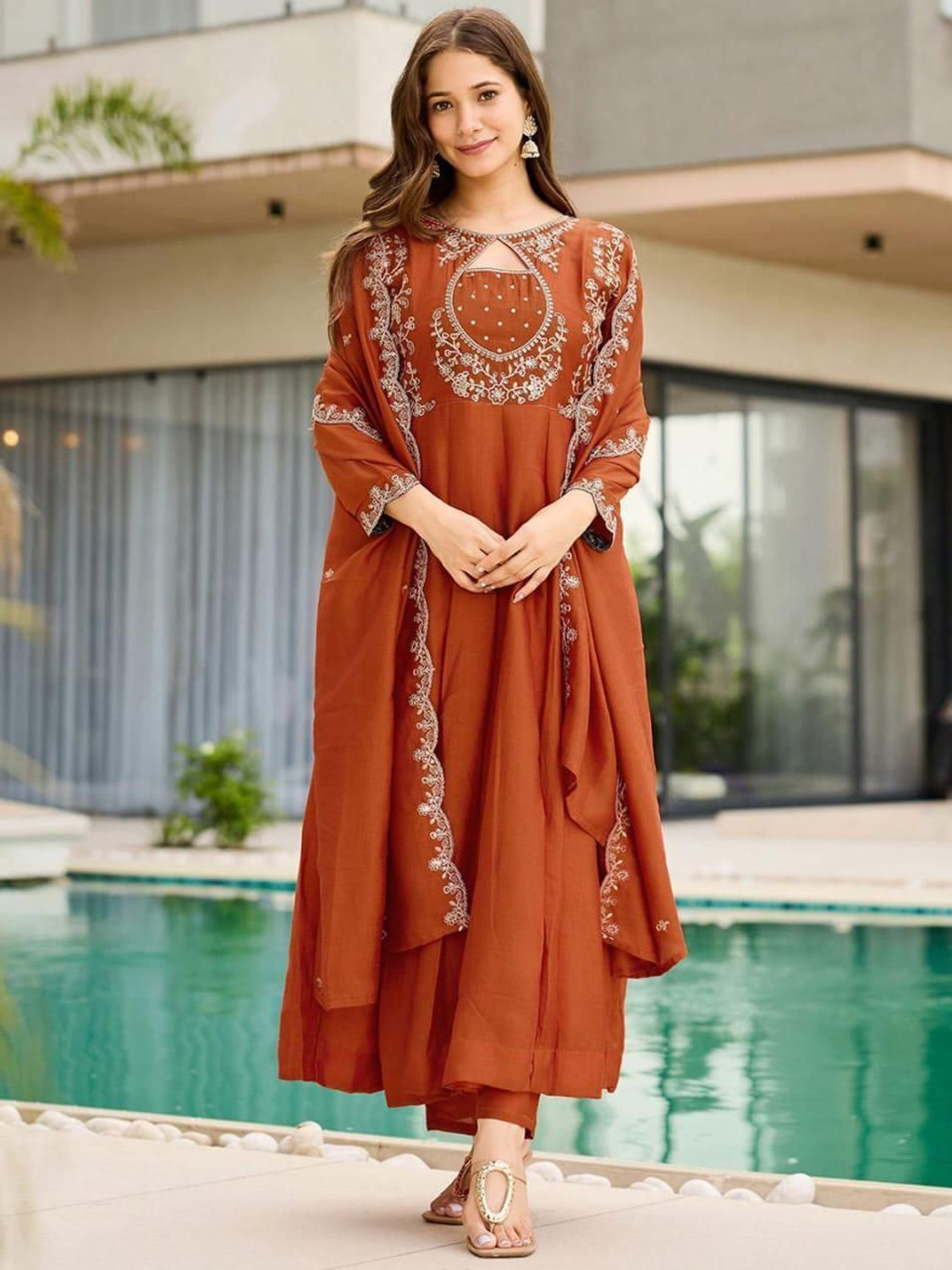 Image of ARVILAS Embroidered Kurta, Trouser /Pant & Dupatta Set