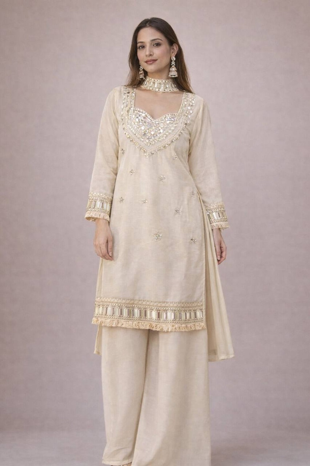 Image of OSHTI Embroidered Kurta, Palazzo & Dupatta Set