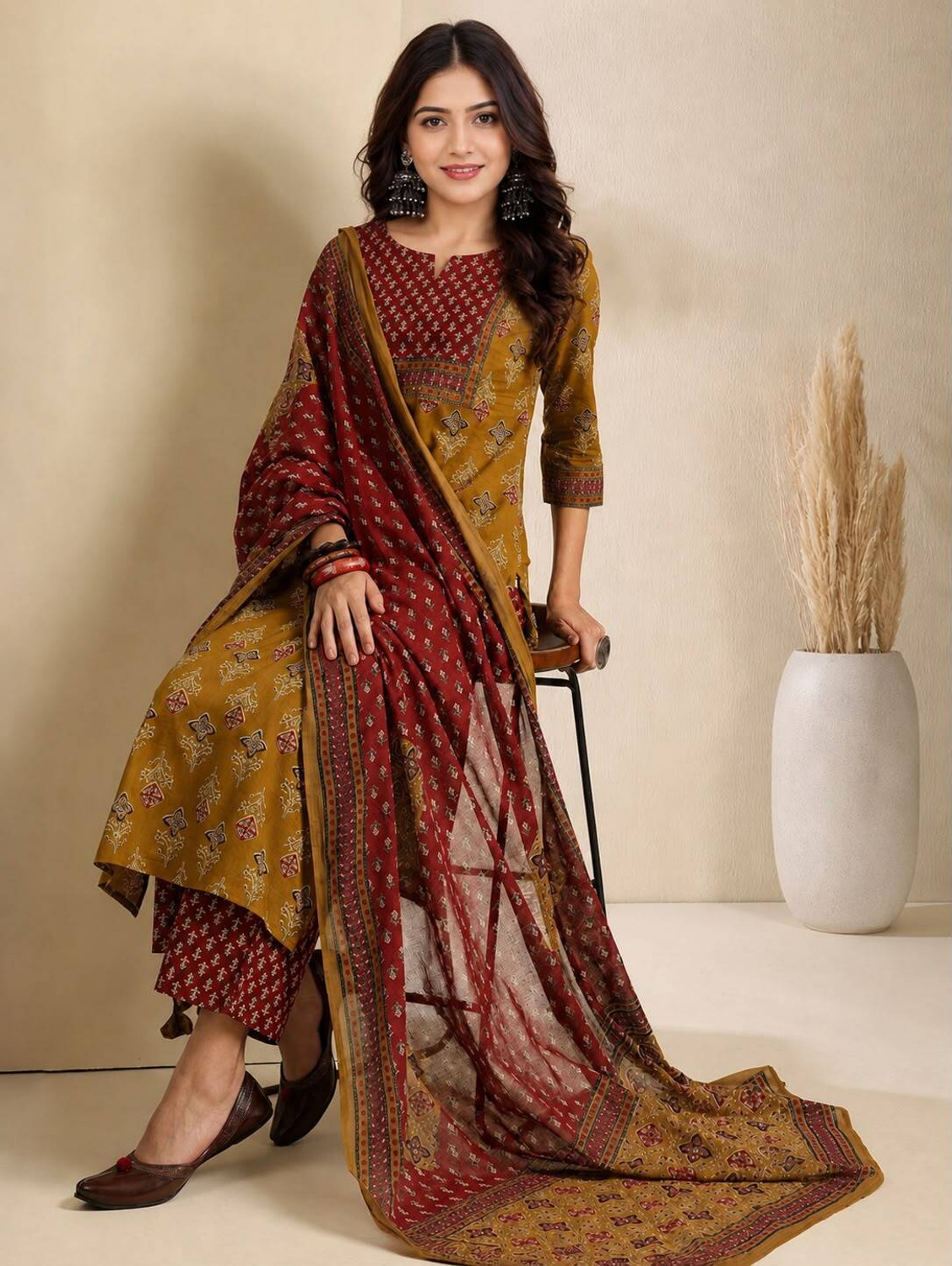 Image of KALPHEM Floral Print Kurta, Palazzo & Dupatta Set