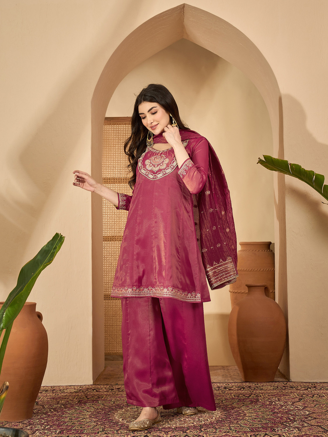 Image of Sangria Teal Silk Blend Zari Sequence Thread Kurta With Palazzo And Dupatta Embroidered, Embellished Kurta, Palazzo & Dupatta Set