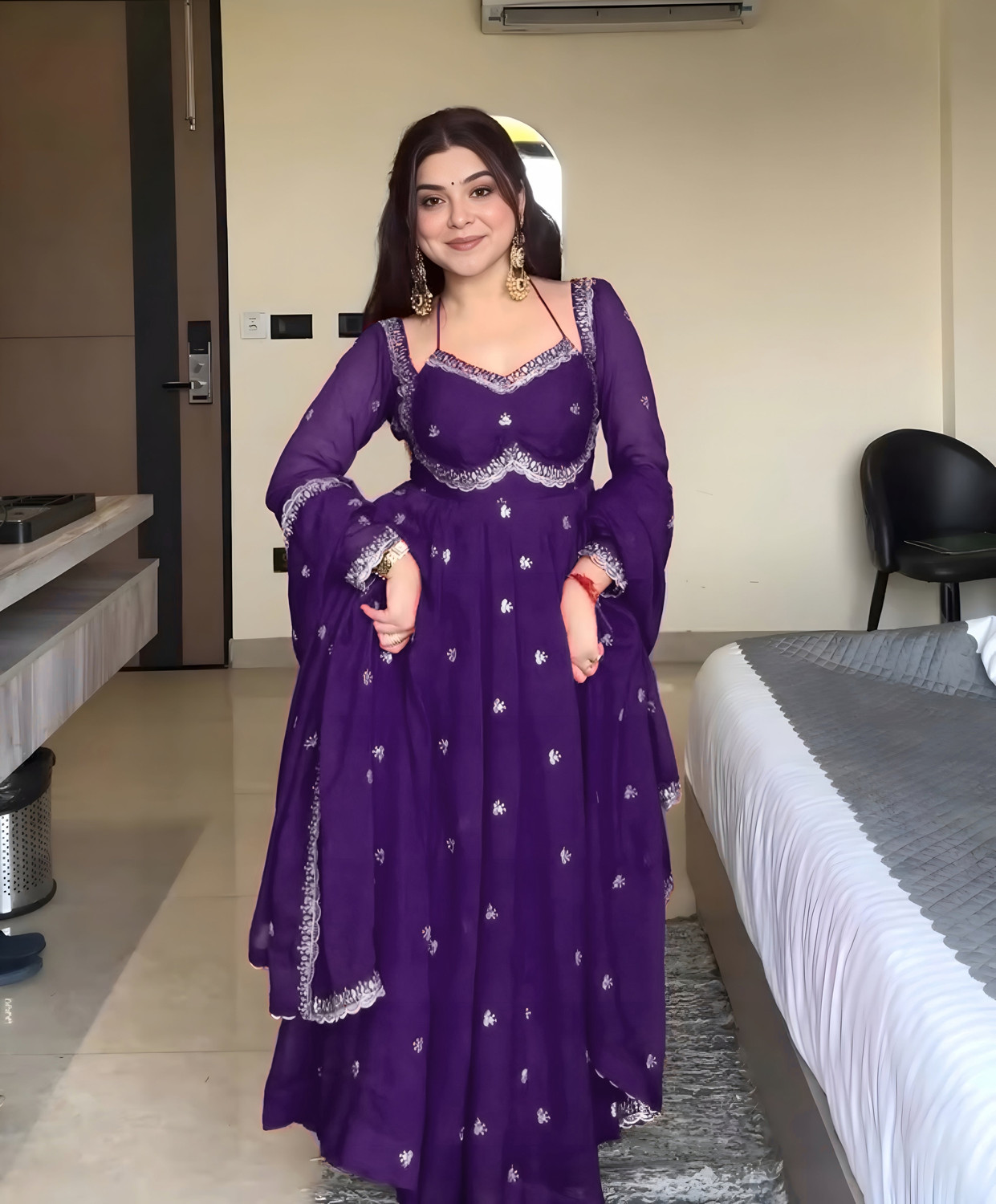 Image of Vaidehi Fashion Purple Embroidered Georgette Anarkali Kurta Set with Dupatta Embroidered Anarkali Kurta, Bottom & Dupatta Set