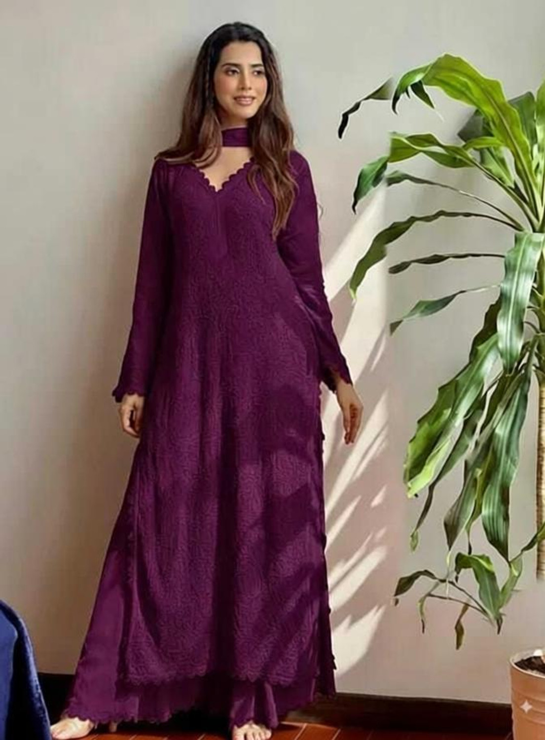 Image of CHECHI Embroidered Kurta, Palazzo & Dupatta Set