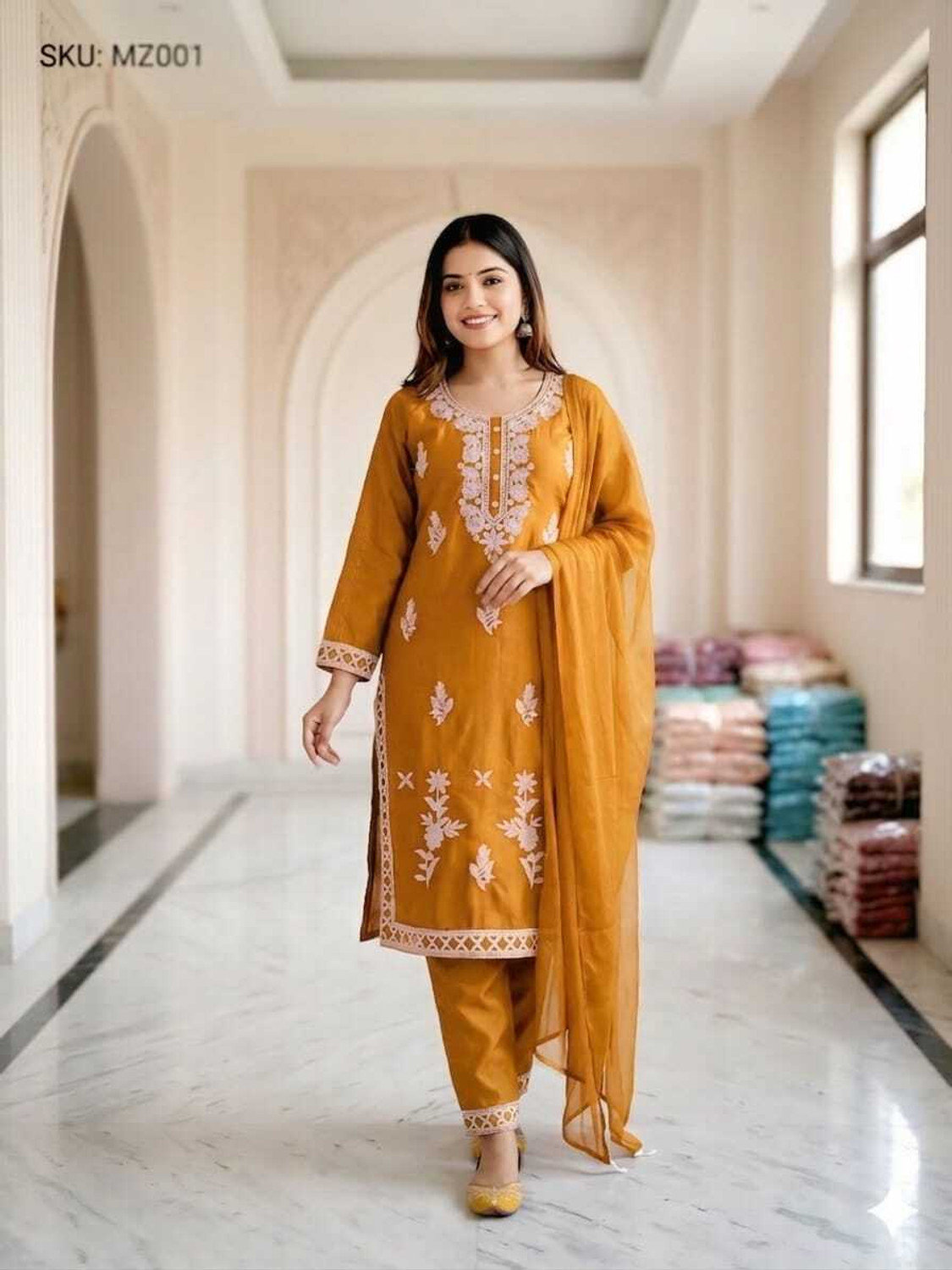 Image of FARHATFASHION Rayon Slub kurti pant Embroidered Kurta, Trouser /Pant & Dupatta Set