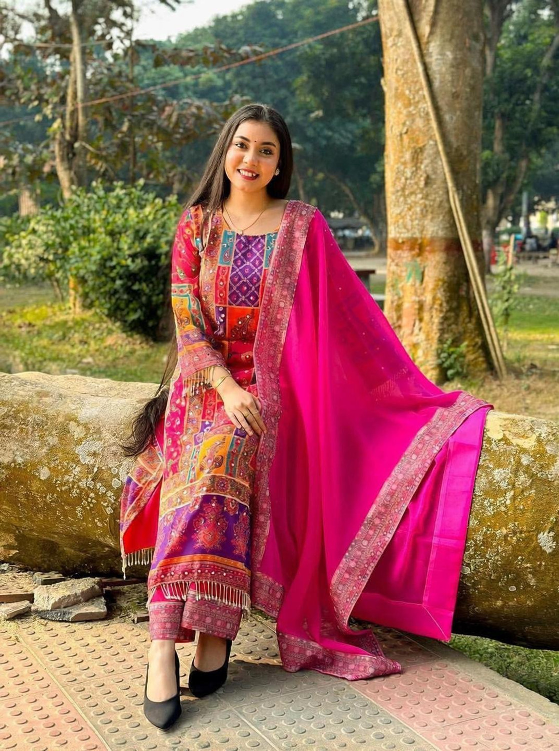 Image of Tasrika Printed Anarkali Kurta, Bottom & Dupatta Set