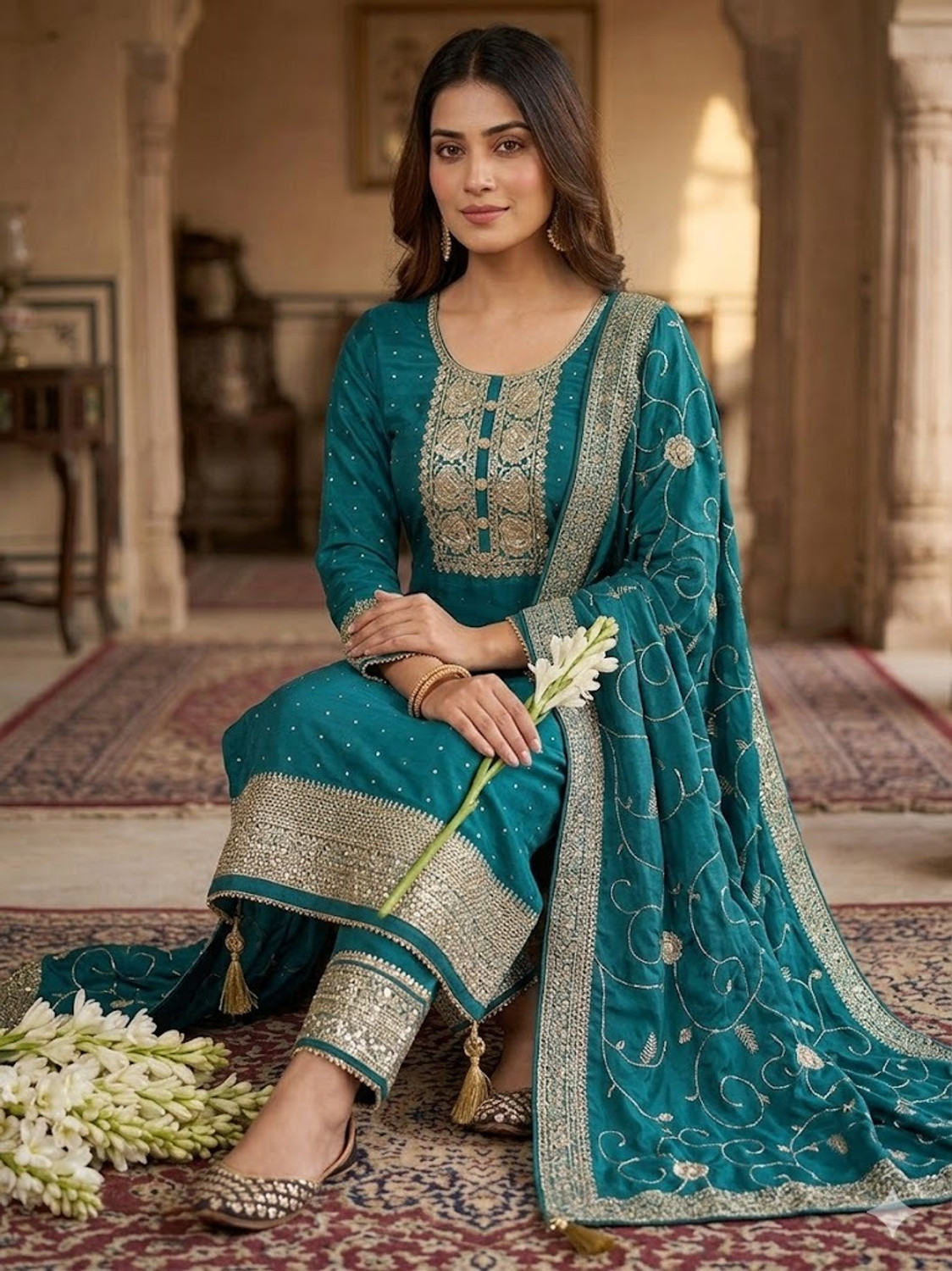 Image of HAMOFY A-71-422-BLUE Embroidered, Woven, Floral Print Kurta, Trouser /Pant & Dupatta Set