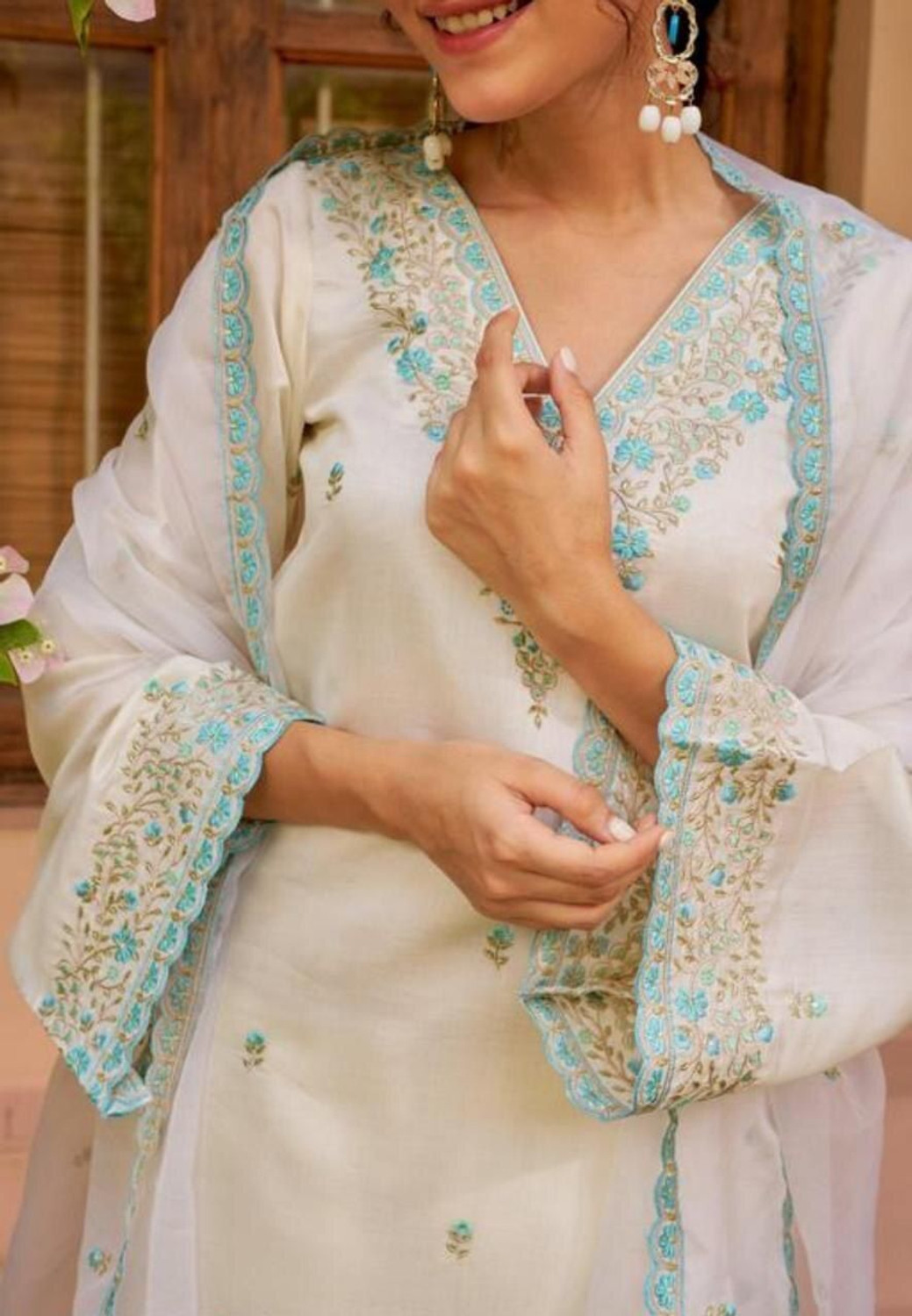 Image of CHECHI Embroidered Kurta, Palazzo & Dupatta Set