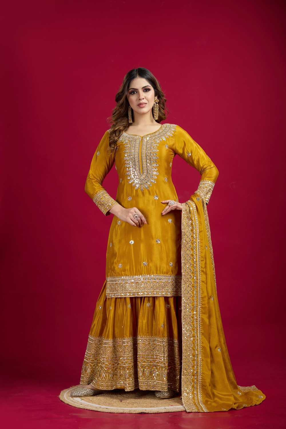 Image of ARVILAS Embroidered Kurta, Trouser /Pant & Dupatta Set