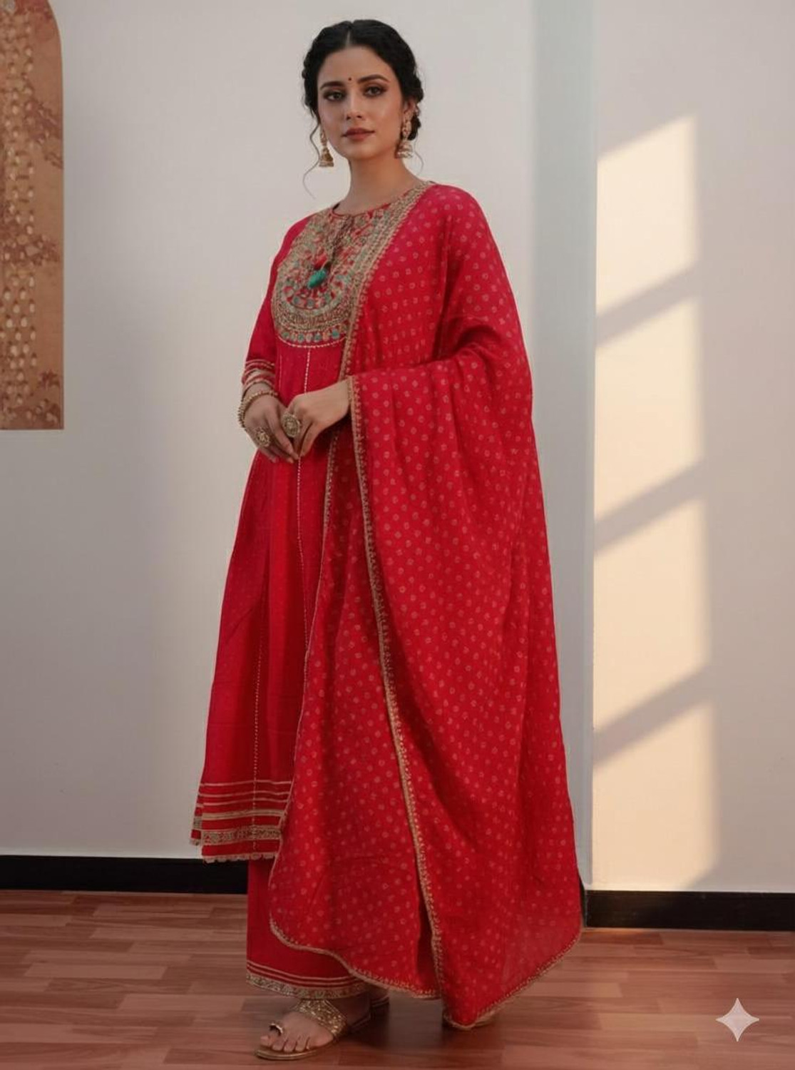 Image of OSHTI Embroidered Kurta, Palazzo & Dupatta Set