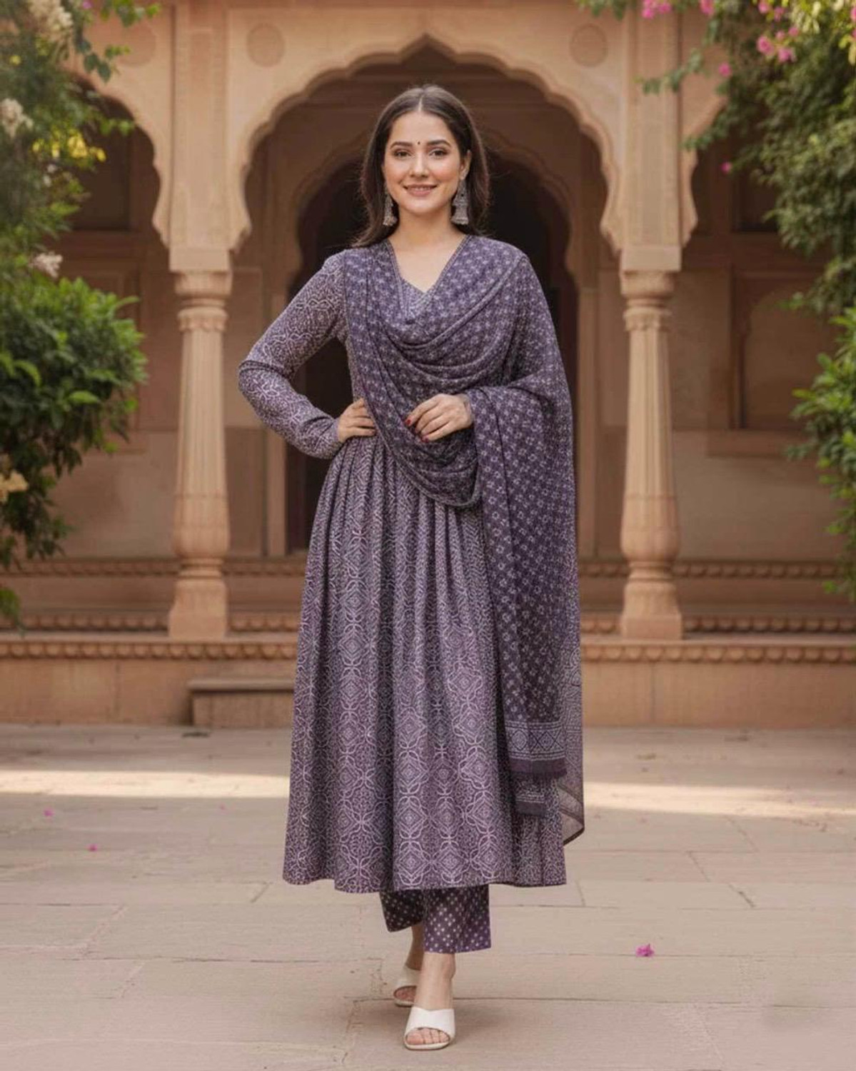 Image of SifaFashion Women Maroon Embrorded and Floral Printed Kurta Pant Dupatta Set Embroidered Kurta, Trouser /Pant & Dupatta Set