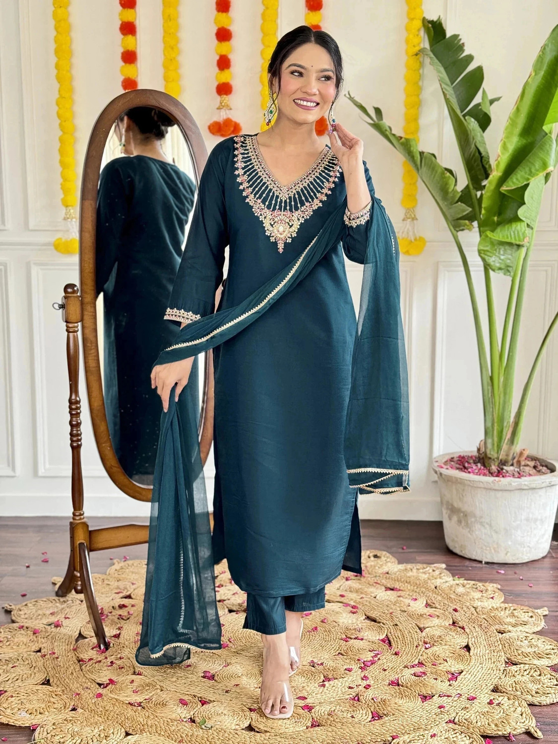 Image of PILUDI HOUSE Embroidered Kurta, Salwar & Dupatta Set