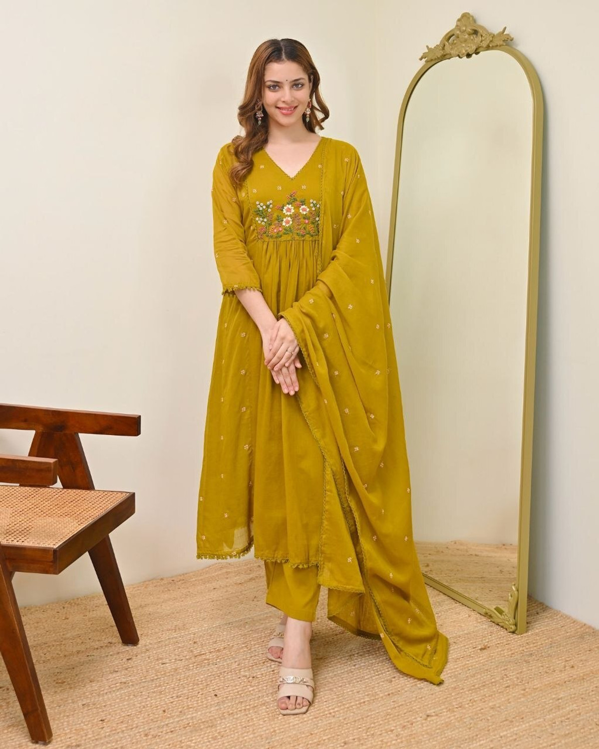 Image of OSHTI Embroidered Kurta, Palazzo & Dupatta Set