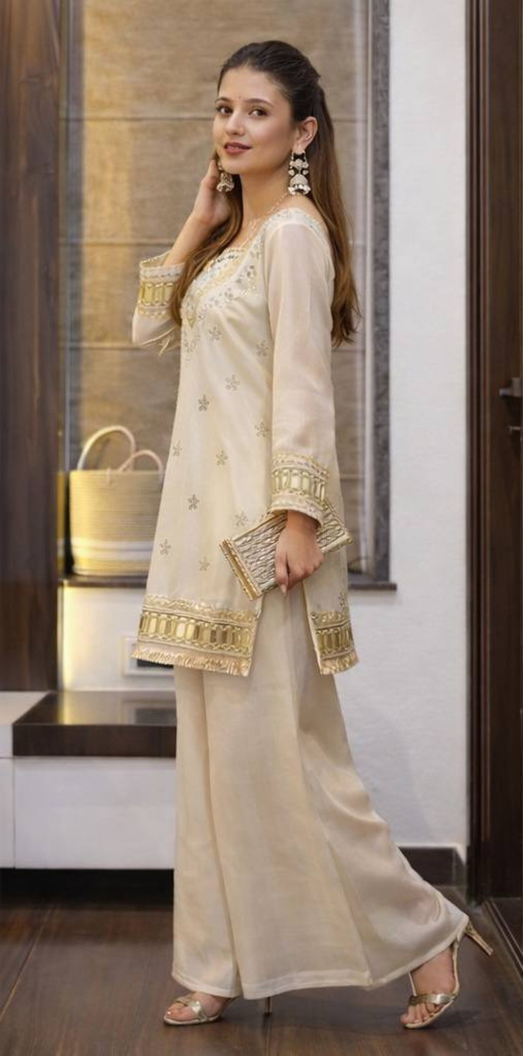 Image of OSHTI Embroidered Kurta, Palazzo & Dupatta Set