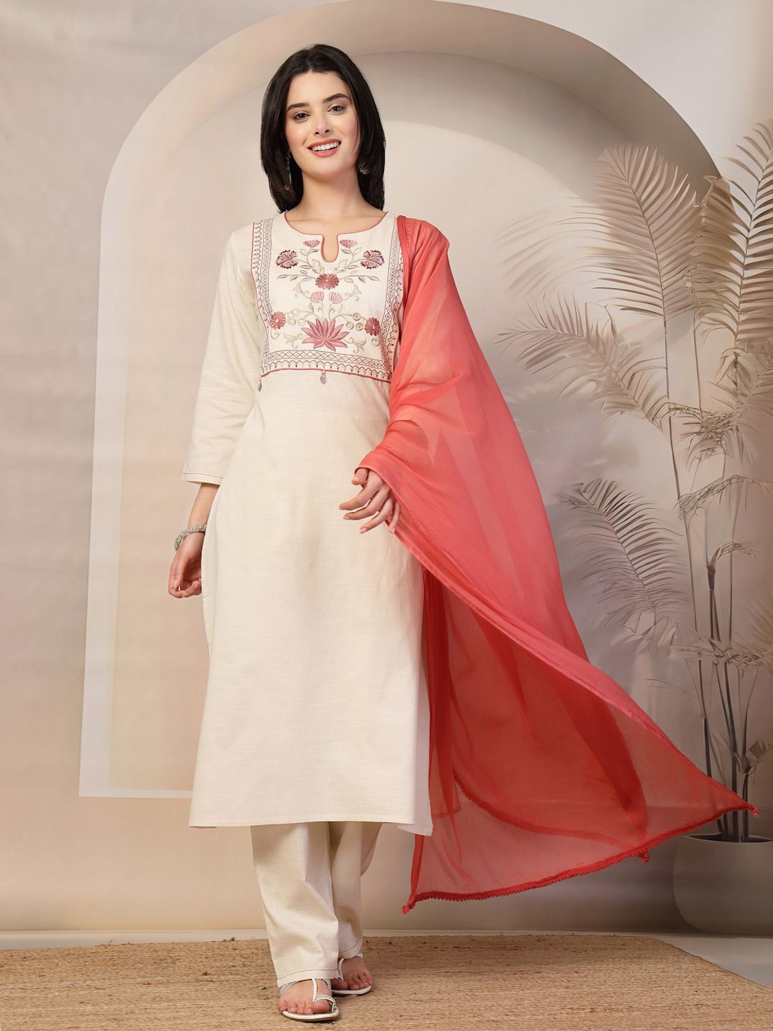 Image of CHECHI Embroidered Kurta, Palazzo & Dupatta Set