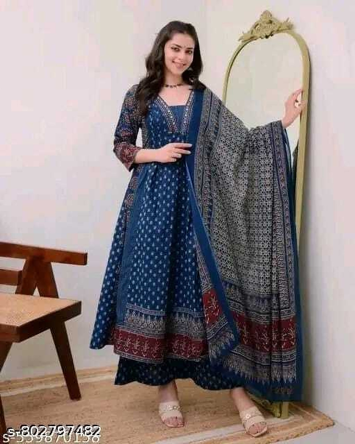 Image of AZYERA Printed Anarkali Kurta, Bottom & Dupatta Set