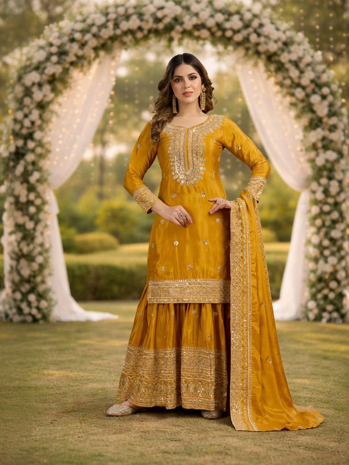 Image of ARVILAS Embroidered Kurta, Trouser /Pant & Dupatta Set