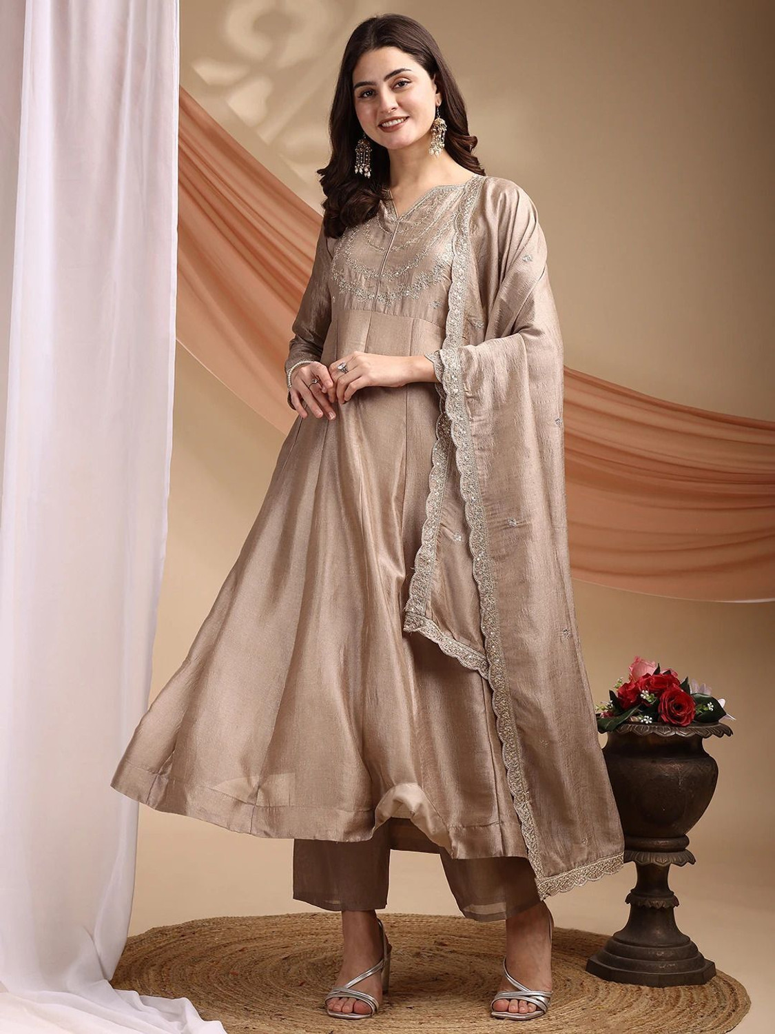 Image of ARVILAS Embroidered Kurta, Trouser /Pant & Dupatta Set