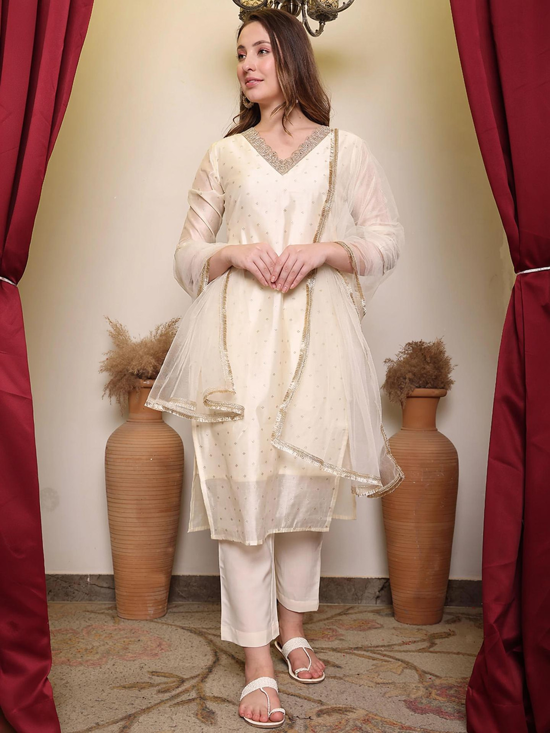 Image of MAA SHAKTI ENTERPRISE SHREE VASTRA Self Design Kurta, Trouser /Pant & Dupatta Set
