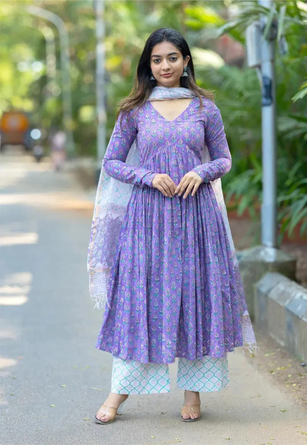 Image of AZYERA Printed Anarkali Kurta, Bottom & Dupatta Set